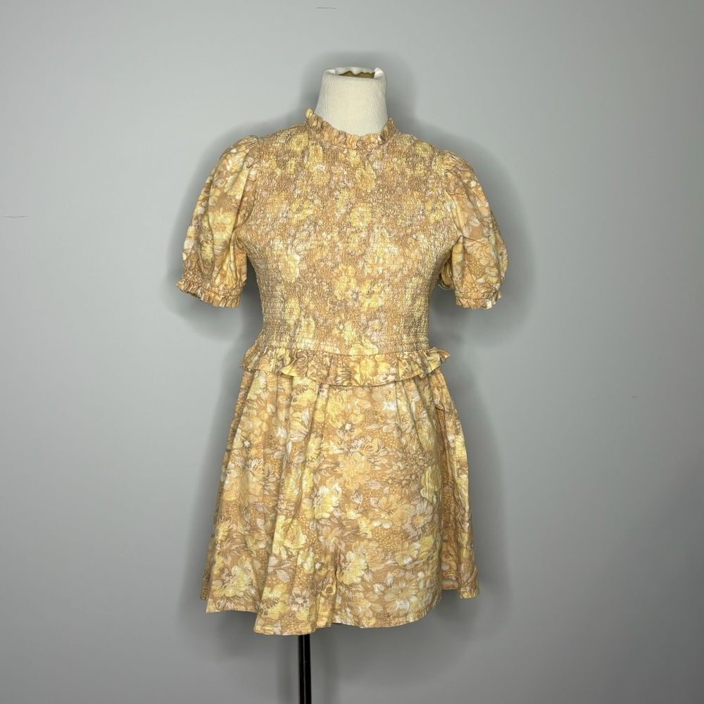 Miss Selfridge- Yellow and Tan Floral Romper with Puffy Sleeves